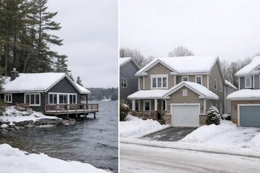 Asphalt, Steel & Specialty Roofing 1 Side-by-side winter view of two Muskoka homes, a snow-covered lakeside cottage near Port Carling and a residential home in Bracebridge with moderate roof snow buildup under an overcast sky.