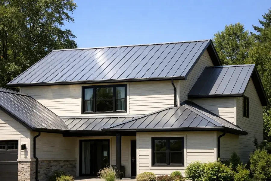 Asphalt, Steel & Specialty Roofing 6 Ultra realistic summer photo of a modern Ontario home with a standing seam metal roof reflecting sunlight, light beige siding, black-framed windows, green trees, and clear blue sky.