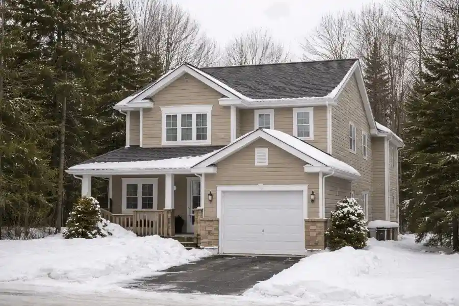 Asphalt, Steel & Specialty Roofing 2 Residential home in Muskoka, Ontario with a clean asphalt shingle roof and light snow along the edges, surrounded by trees under an overcast winter sky.