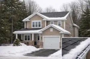 Asphalt, Steel & Specialty Roofing 3 Residential home in Muskoka, Ontario with an architectural asphalt shingle roof evenly covered in snow, surrounded by pine trees, with a close-up detail of properly installed shingles near the eaves under an overcast winter sky.