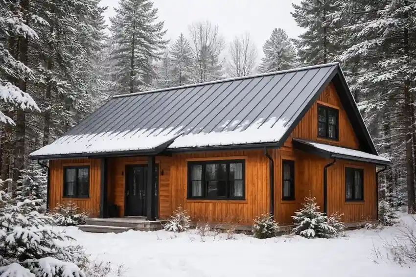 Asphalt, Steel & Specialty Roofing 7 Ultra-realistic winter photo of a Muskoka cottage with a dark charcoal standing seam steel roof, light snowfall resting on clean metal panels, cedar wood siding, black-trimmed windows, and snow-covered pine trees under overcast sky.