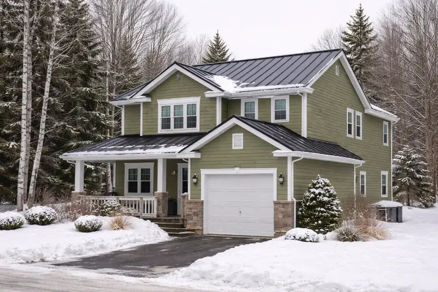 Asphalt, Steel & Specialty Roofing 5 Green residential home in Muskoka, Ontario with a properly installed steel metal roof and light snow resting along the panels, surrounded by snowy trees under an overcast winter sky.