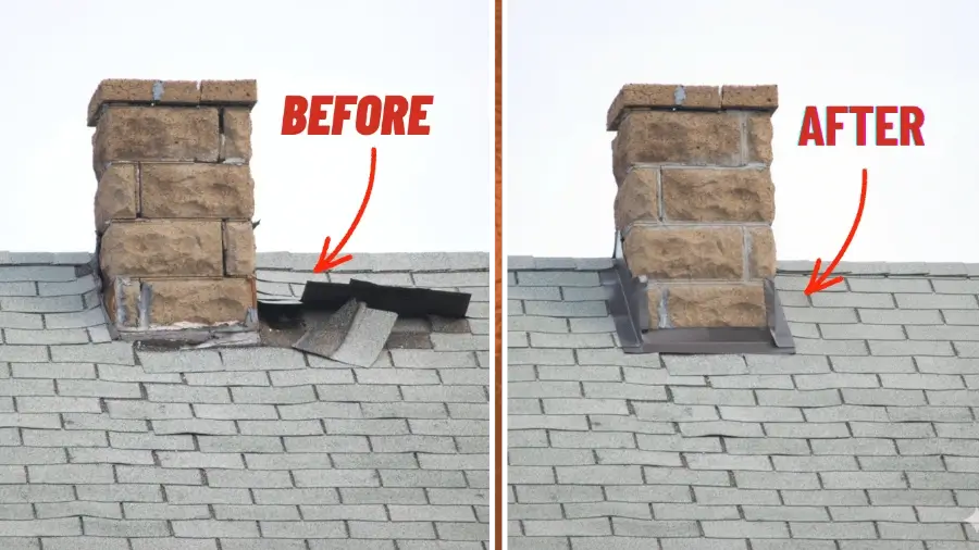 Before-and-after chimney flashing and shingle repair on a residential roof — example of Roof Repair Muskoka District Municipality.