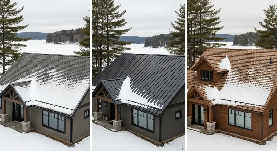 Asphalt, Steel & Specialty Roofing 8 Documentary-style winter photo of three Ontario lakefront homes comparing roofing materials: gray asphalt shingles with snow retention, dark charcoal standing seam steel roof with natural snow shedding, and premium slate or cedar shake roof with evenly resting snow under overcast sky.