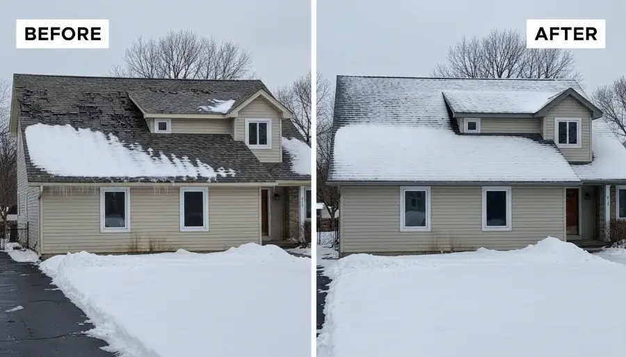 Asphalt, Steel & Specialty Roofing 14 Before and after asphalt roof replacement on a home near downtown Bracebridge showing winter damage, ice dams, and corrected ridge ventilation with improved snow distribution.