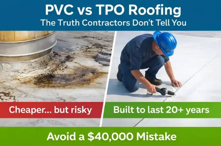 PVC vs TPO roofing comparison showing damaged TPO membrane with grease stains vs clean PVC roof installation